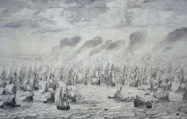 Картина, чернила, холст, 1657, Willem van de Velde I, Виллем ван де Велде Старший, Морской …
