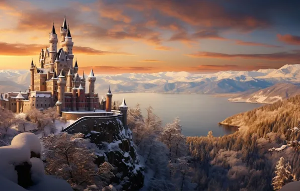 Картинка зима, снег, горы, природа, озеро, замок, старый, landscape