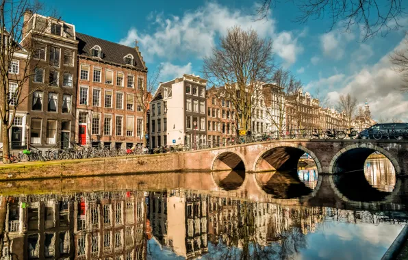 Картинка мост, отражение, река, дома, Нидерланды, Amsterdam, велосипеды, водоканал