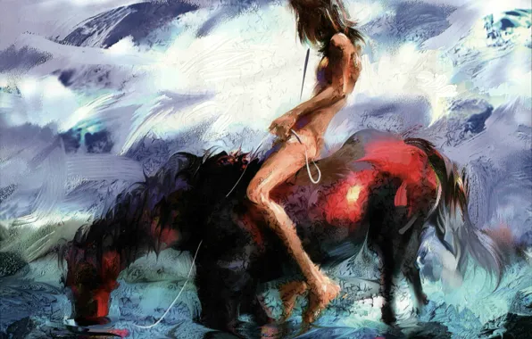 Картинка небо, конь, парень, сидит, водопой, Zhang Bin, голый мужчина, верхом на лошади