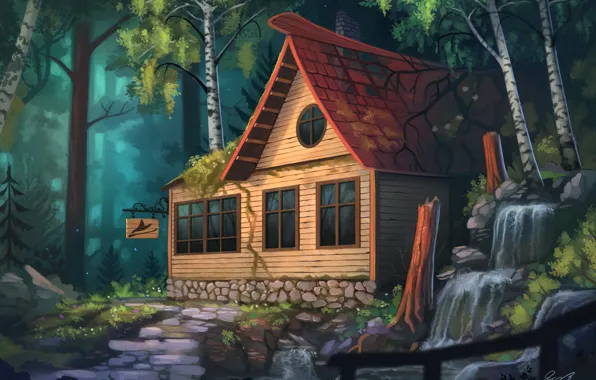Картинка водопад, сказка, дорожка, вывеска, коттедж, art, в лесу, деревянный домик