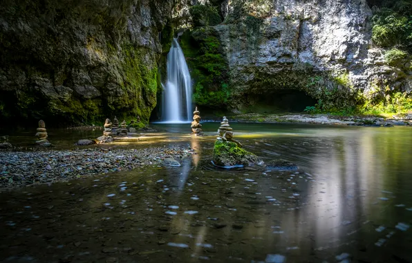 Картинка природа, водопад, Switzerland, скульптуры, Tine de Conflens, La Sarraz