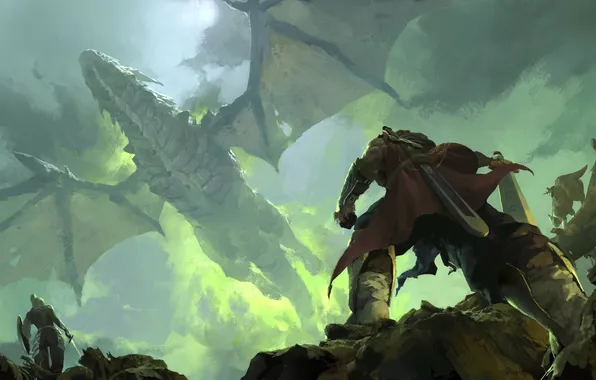 Картинка sword, fantasy, Dragon, wings, artwork, warrior, fantasy art, creature