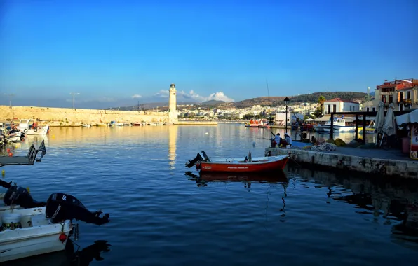 Картинка море, рыбалка, маяк, лодки, Греция, Ретимно, Крит