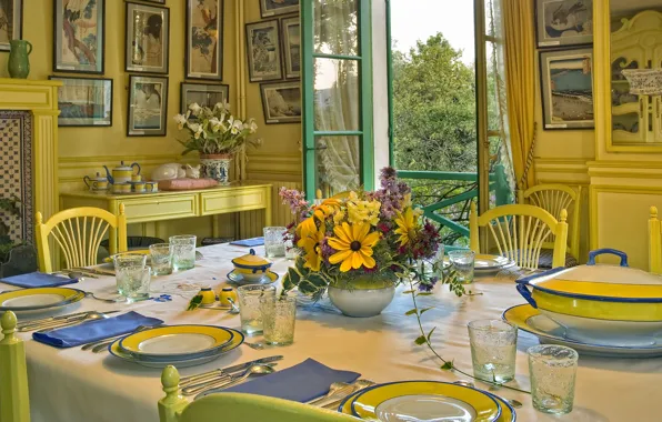Цветы, комната, интерьер, картины, камин, вазы, столовая, Salle-à-manger de Claude-Monet