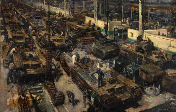 Картинка масло, картина, холст, художник Теренс Кунео, «Производство танков в Британии»