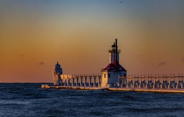 Картинка озеро, маяк, Мичиган, lighthouse, Michigan, St. Joseph