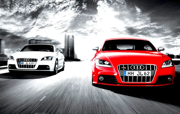 Audi, cars, competition, two cars, full speed, white and red