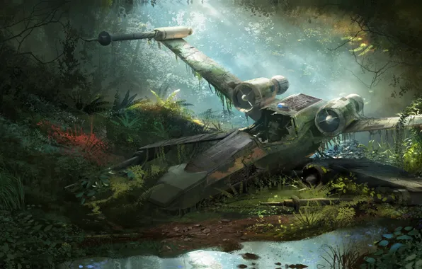 Картинка лес, фантастика, крушение, арт, Tysen Johnson, X-Wing Wreckage
