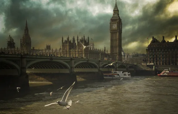 Картинка птицы, тучи, мост, река, Англия, Лондон, чайки