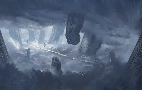 Картинка облака, город, корабль, арт, колонны, Halo 4