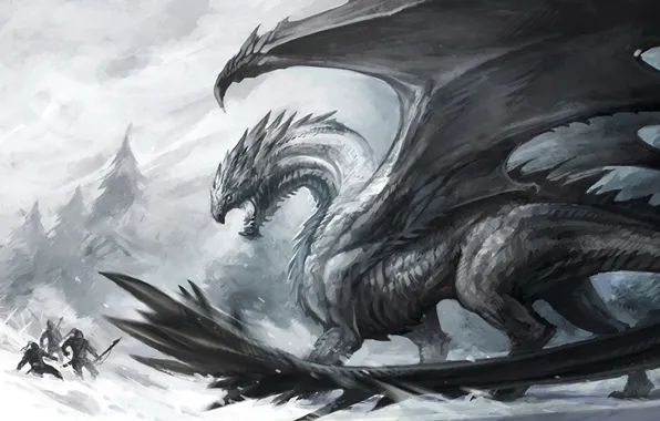 Картинка лед, снег, люди, дракон, битва