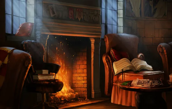 Fire, chess, book, sofa, fireplace