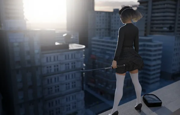 Картинка city, stockings, katana, women, brunette, digital art, shoes, building