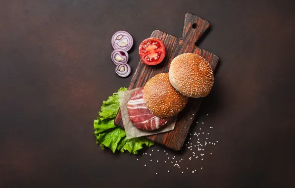 Картинка лук, мясо, гамбургер, булочки, разделочная доска