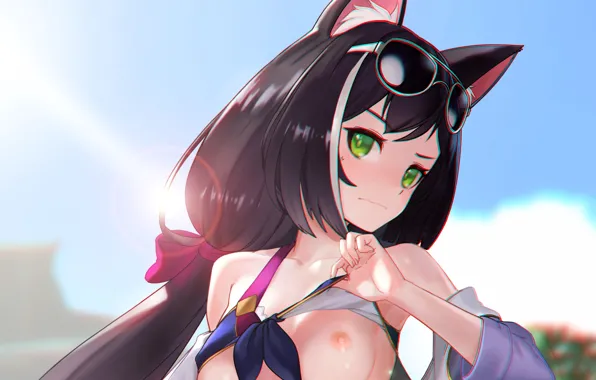 Girl, sexy, green eyes, long hair, nipples, boobs, anime, beautiful