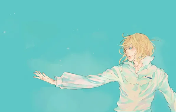 Звезды, рука, кулон, рубашка, парень, art, голубой фон, Hayao Miyazaki