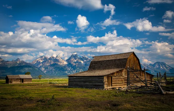 Картинка горы, природа, USA, Wyoming, ферма, Grand Tetons
