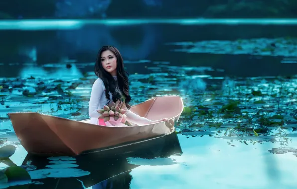 Картинка девушка, цветы, озеро, лодка, азиатка