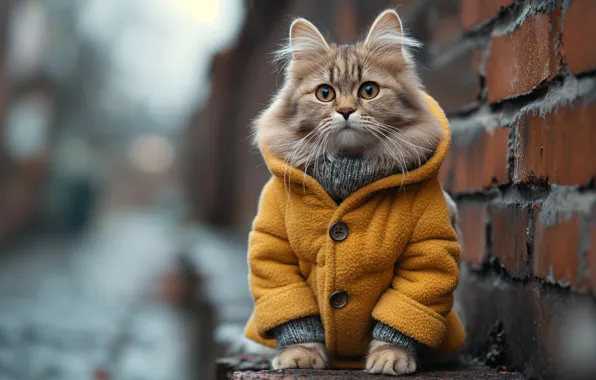 Дорога, осень, кошка, кот, взгляд, город, поза, котенок