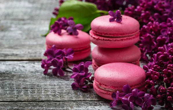 Wood, pink, flowers, сирень, macaroons, macaron, lilac, макаруны