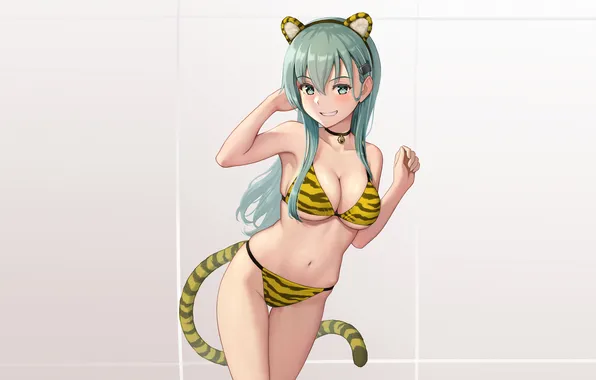 Girl, sexy, cleavage, green eyes, long hair, boobs, animal ears, anime