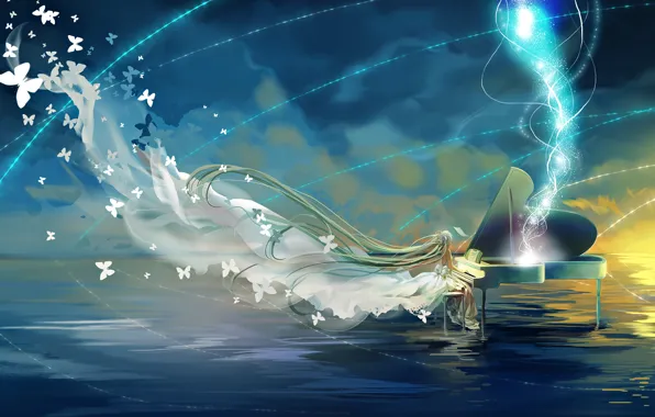 Картинка hatsune miku, рояль, арт, аниме, вода, девушка, бабочки, небо, vocaloid, облака, miemia