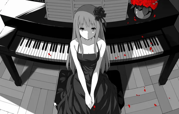 Картинка девушка, розы, рояль, арт, красные, черно-белое, ваза, монохромное