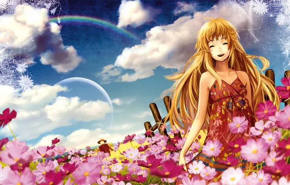 Картинка лето, небо, девушка, облака, цветы, улыбка, рендеринг, забор