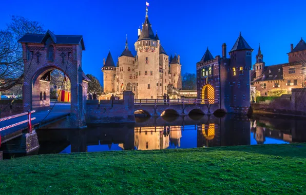 Ночь, мост, город, река, фото, замок, Нидерланды, De Haar