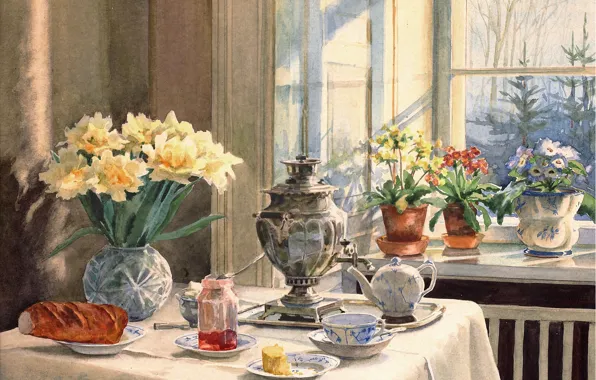 Картинка цветы, стол, чайник, окно, ваза, самовар, варенье, батон