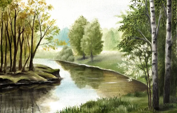 Природа, Рисунок, Деревья, Река, Живопись