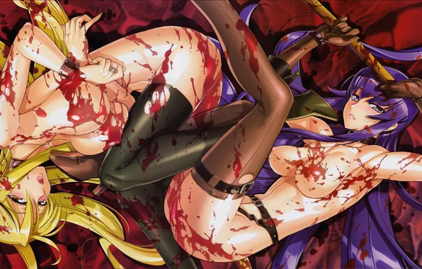 Кровь, пятна, art, ремни, рваная одежда, High School Of The Dead, Saeko Busujima, Shizuka Marikawa