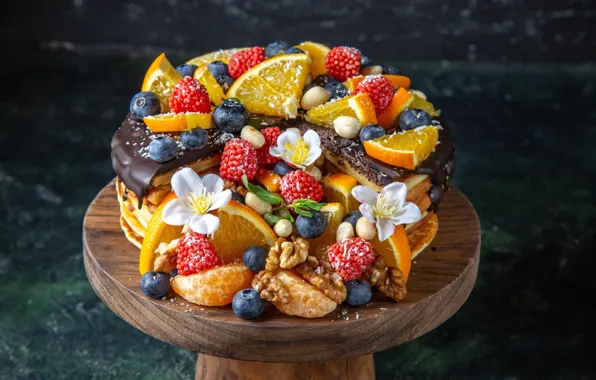 Картинка ягоды, фон, апельсины, торт, орехи, цветки
