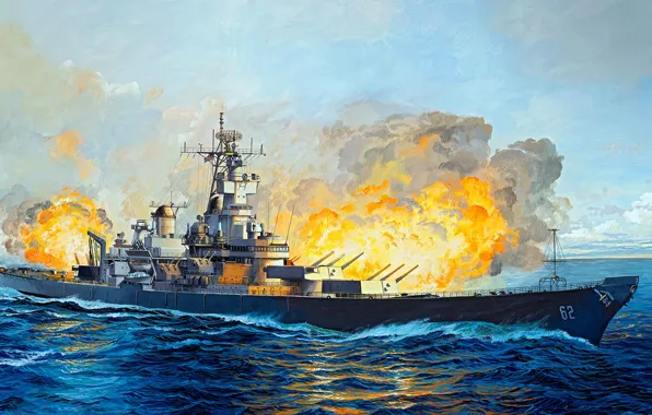 Рисунок, арт, USS, New Jersey, ВМС США, американский линкор типа «Айова», BB-62