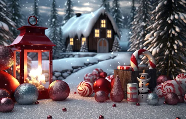 Картинка зима, снег, украшения, ночь, lights, шары, Новый Год, Рождество