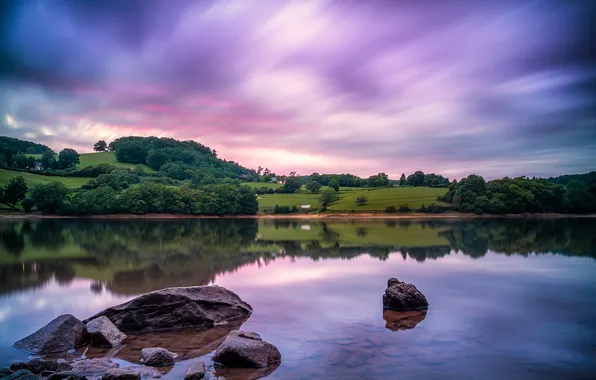 Картинка rock, coast, sunset, lake, tree