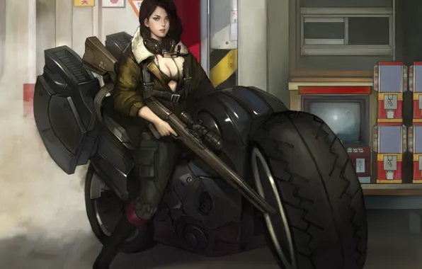 Картинка motorcycle, sniper, арт, куртка, винтовка, cyberpunk, мотоцикл, наушники, art, girl, рисунок, девушка, by Namgwon Lee, …