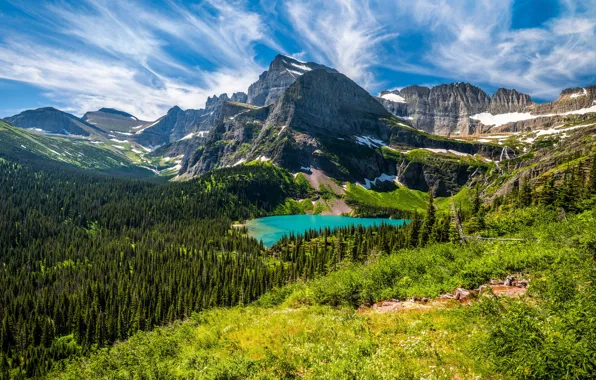 Green, USA, forest, sky, mountains, lake, Glacier National Park, Montana