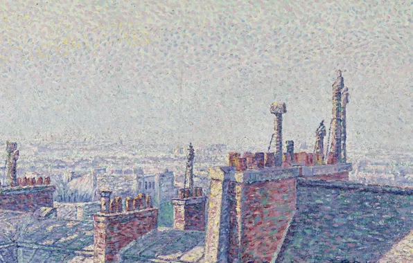 Картина, городской пейзаж, Gustave Cariot, пуантилизм, Гюстав Карио, Крыши Парижа