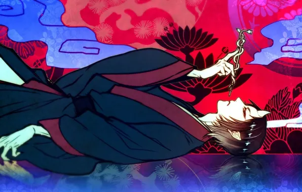 Взгляд, трубка, арт, лежит, парень, Hoozuki no Reitetsu, Hoozuki, Хладнокровный Ходзуки