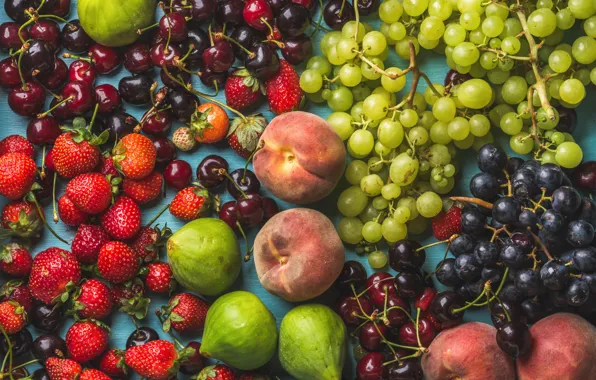 Картинка вишня, клубника, ягода, виноград, фрукты, персики