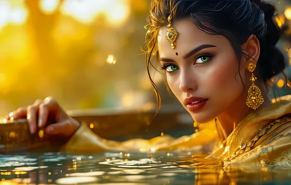 Взгляд, вода, девушка, солнце, свет, украшения, рука, портрет