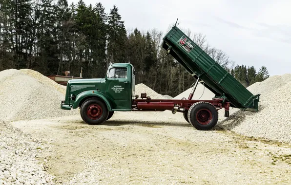 Картинка Mercedes-Benz, зелёный, вид сбоку, кузов, самосвал, капотный, двухосный, L-series