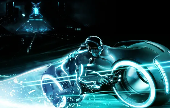 Картинка чувак, neon, tron 2, световой мотоцикл