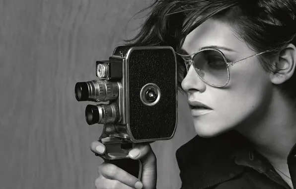 Картинка девушка, лицо, чёрно-белое, камера, актриса, очки, Kristen Stewart