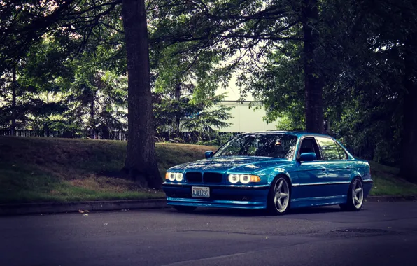 Дорога, тюнинг, bmw, бмв, классика, blue, e38, stance