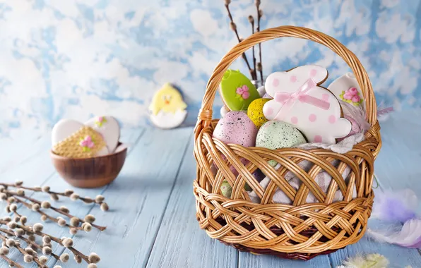 Картинка корзина, яйца, Пасха, разноцветные, Easter