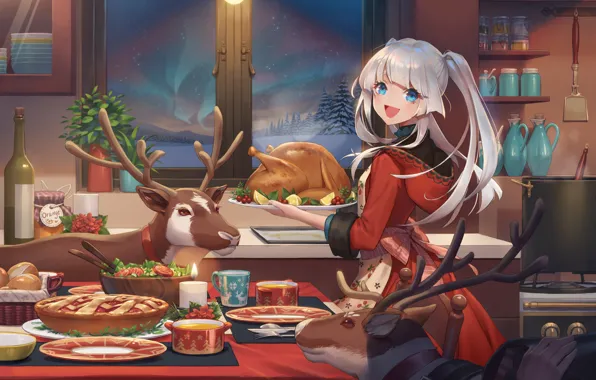 Девушка, новый год, рождество, курица, олени, karesuki