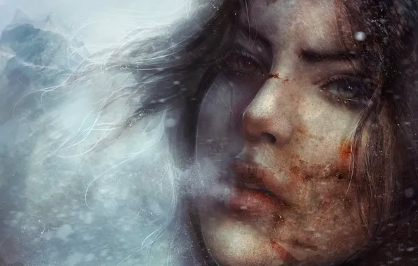 Картинка взгляд, игра, пар, Tomb Raider, снег, аномалия, арт, холод